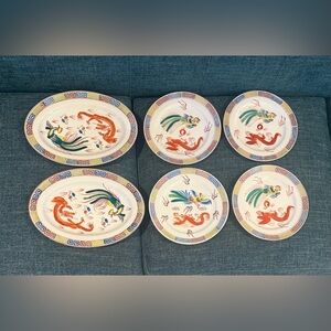 Chinese Porcelain Plates Qianlong Mark w/ Dragon Phoenix & Bats Set of 6